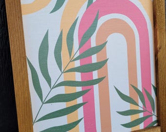 Rainbow Leaf Jungle Wood Sign UV Framed Cute Colorful Pink Minimalistic Country Cottagecore Primitive Framed Wall Hanging Porch Decor