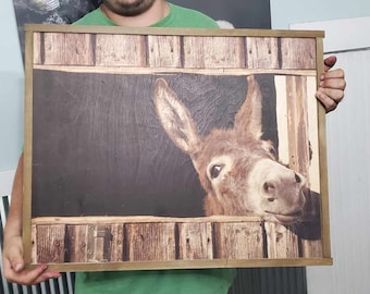 Donkey Mule Peek a boo Jack Barn Farm Hobby Animal Lover Cute Rustic Printed Living Room Home Decor Handmade Printed Livestock Framed