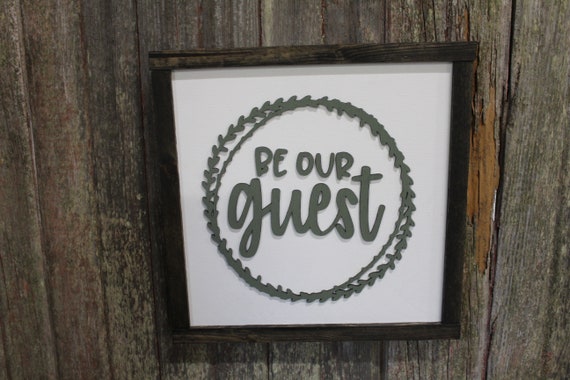 Be Our Guest Wood Sign 3D Raised Text Script Laurel Wreath Country Primitive Framed Wall Hanging Decoration Porch Decor Black White Green