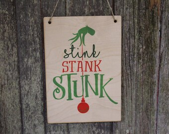 Stink Stank Stunk Sign Wall Mean One Décor Christmas Tree Wood Print Entry Way Front Door Decoration Winter Ornament Green Hand