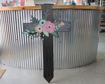 Contour Cut Cross Floral Roses Easter Christian Outdoor Weather Proof  PVC Textured Woodgrain Flowers Nailed Jesus Colorful Decor Tall