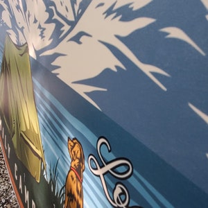 May include: A blue and white illustration of mountains and a lake with a green tent and a brown dog sitting in the grass. The text "Family Camping" is on the left side of the image and the text "Logan" is on the right side of the image.