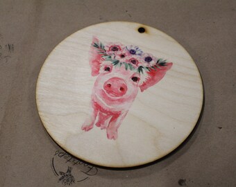 Pig Floral Wreath Crown Piglet Ornament Baby Flowers Face Ears Spots Wall Hanging Tree Rustic Farmhouse Wood