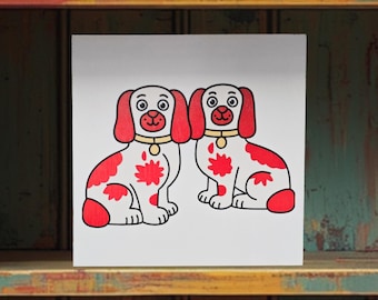 Staffordshire Dog Pair Sign – Cute Red‑Patch Twin Dogs Illustration for Vintage, Cottage, or Eclectic Home Decor