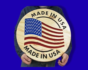 Engraved Wood “Made in USA” Sign • Patriotic Round Plaque • Carved American Pride Wall Decor
