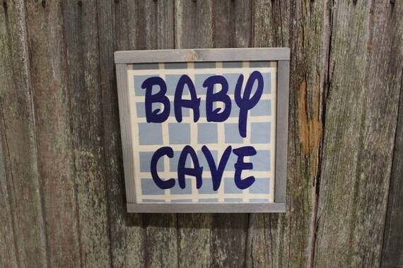 Nursery Room Sign Baby Cave Wood Sign Club House Room Sign Gray Framed Print Blue Checked Wall Art Farmhouse Primitive Rustic Decoration