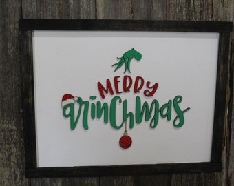 Merry Grinchmas Sign Raised 3D Wood The Mean One Christmas Décor Decoration Wall Art Farmhouse Rustic Primitive Fingers Smile Hand Festive