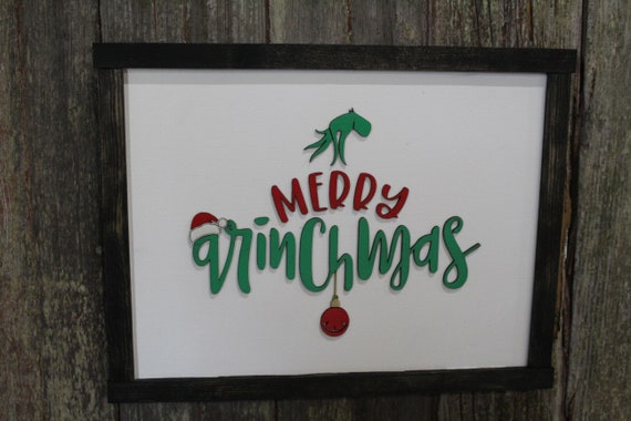 Merry Grinchmas Sign Raised 3D Wood The Mean One Christmas Décor Decoration Wall Art Farmhouse Rustic Primitive Fingers Smile Hand Festive