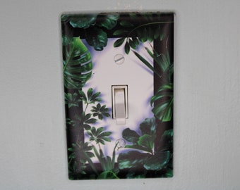 deep green forest jungle houseplants palm monstera leaves plants light switch plate cover printed durable green decor unique custom piece