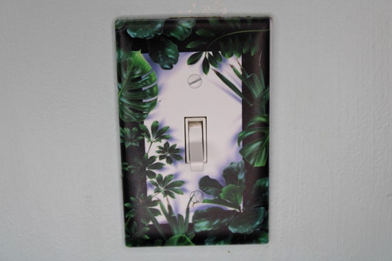 deep green forest jungle houseplants palm monstera leaves plants light switch plate cover printed durable green decor unique custom piece