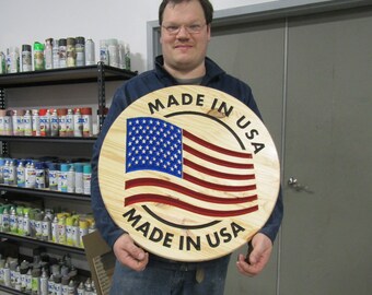 Wooden Engraved Routed Made In Usa Color Filled Red White Blue Round Natural Wood Circle Sign Display Handmade Decor Signage Commerical Use