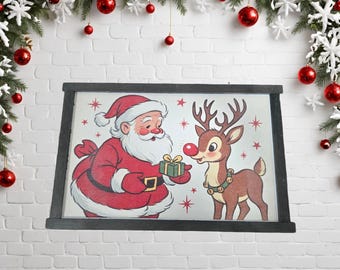 Santa & Rudolph Christmas Printed Wood Sign – Vintage Holiday Wall Décor – Festive Gift for Home or Office