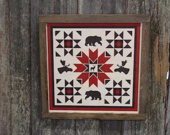 Buffalo Plaid Red Bear Deer Moose Barn Quilt Wood Sign Square Pattern Block Wall Art Farmhouse Primitive Rustic Black Animals Cabin Decor