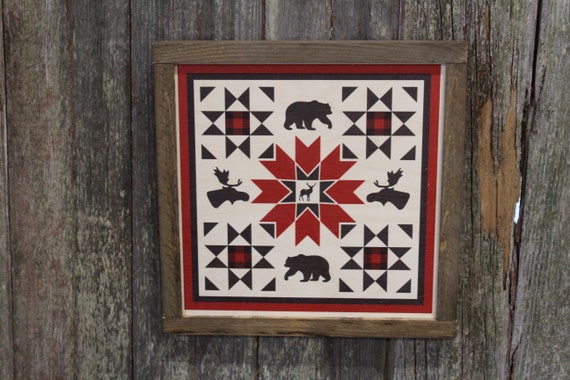 Buffalo Plaid Red Bear Deer Moose Barn Quilt Wood Sign Square Pattern Block Wall Art Farmhouse Primitive Rustic Black Animals Cabin Decor