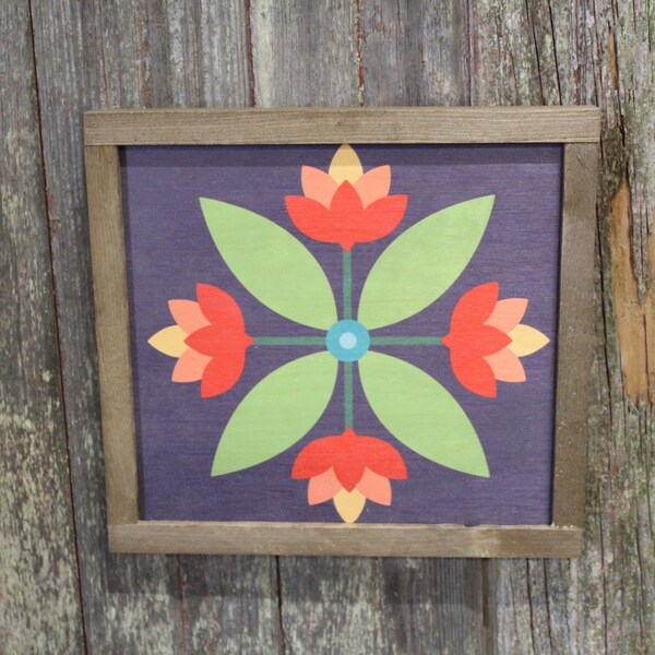 Tulip Barn Quilt Wood Sign Flower Bloom Floral Red Orange Yellow Green Country Square Pattern Block Wall Art Farmhouse Primitive Rustic