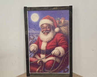 Traditional Santa Claus Christmas Sign – Framed Holiday Wall Art with Sleigh, Gifts & Moonlit Village