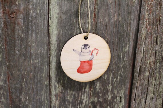 Penguin in a Stocking Christmas Ornament Candy Cane Keychain Decoration Décor Wood Circle Sign Gift Cute