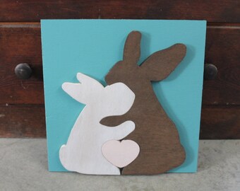 Bunny Rabbit Heart Blue Pink Family of 3 Handmade Family Easter Spring Nursery Decor 3D Raised Text Wall Décor Decoration Travel Primitive