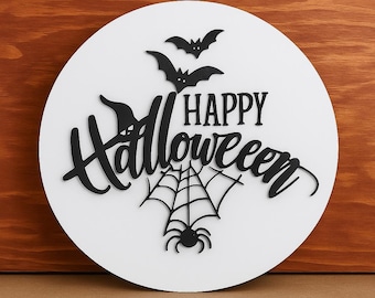 Happy Halloween Sign – Laser Cut Wood Decor, Hand-Painted Plywood, Spooky Bats & Spider Web – Halloween Door or Wall Accent