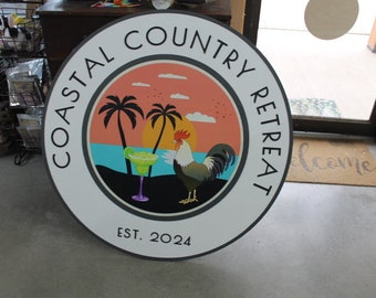 Custom Sign Rooster Drinks Retreat Round Coastal Country Business Commerical Signage Store Front Small Shop Logo Circle Wooden Handmade