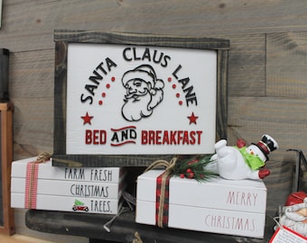 Santa Claus Lane Bed and Breakfast Cute Handmade Christmas Decor Handmade Kris Kringle Old Fashioned Style Home Decor Wooden Wall Hanging