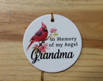 In Memory Of My Angel Grandma Ceramic Cardinal Memorial Ornament Decor Floral Memories Gifts Cute Mother Nana Grammy Hanging Circle Heaven