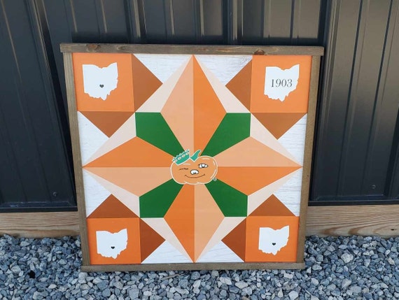 Ohio Winky Pumpkin Heart of it all Small Town Barn Quilt Mascot Farm Decor Orange and Green Whitewash Wooden Wood Hang in Garden Star Flower