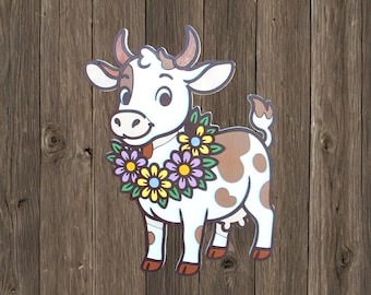 Cow with Flower Garland Printed Wood Sign – Farmhouse Animal Wall Art – Funny Rustic Country Home Decor