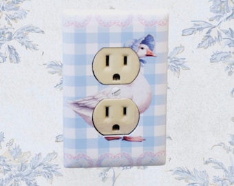 Goose Gingham Outlet Cover – Vintage‑Style Goose with Bonnet on Blue Checkered Background for Cute Cottagecore Home Decor