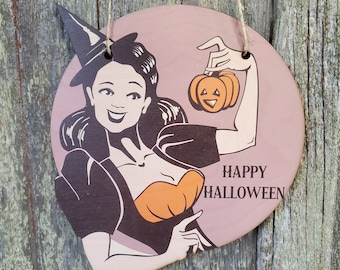 Vintage Witch Happy Halloween Retro Pin Up Girl Lady Wood Pumpkin Door Hanger Cut to Shape Front Door Entry Way Decor Plaque Wood Print