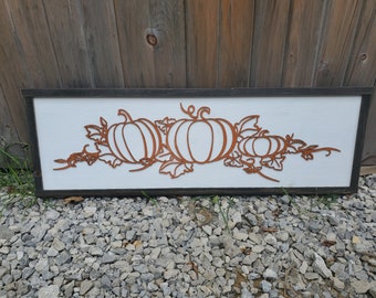 Pumpkins, Scroll, Leaves, Line Drawing, Sketch, Autumn, Fall, Thanksgiving,  Decor, Wall, Wood, 3D, Laser Cut, Primitive, Rustic, Raised