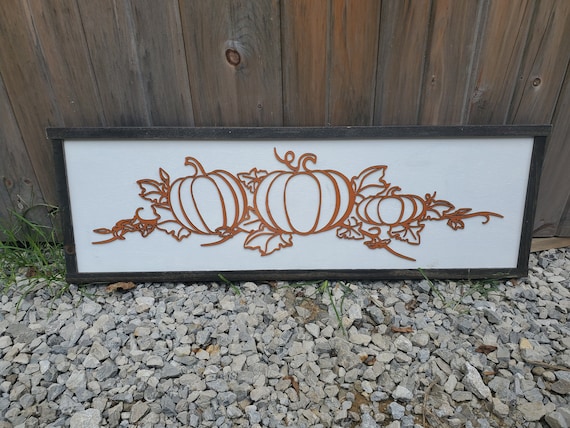 Pumpkins, Scroll, Leaves, Line Drawing, Sketch, Autumn, Fall, Thanksgiving,  Decor, Wall, Wood, 3D, Laser Cut, Primitive, Rustic, Raised