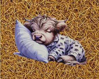 Sleeping Calf UV-Printed Wood Sign – Farm Animal Art – Cute Cow in Pajamas – Rustic Nursery Wall Decor