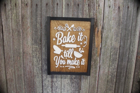 Bake It Till You Make It Kitchen Wall Sign 3D Raised Text Décor Decoration Art Bowl Mixer Framed Brown White Farmhouse Mitten Rolling Pin