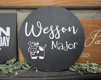 Custom Nursery Sign Cow Heifer Farm Decor Farm Theme Children Name Crib Sign Wesson Cute Cartoon Made To Order Wooden Signage Handmade