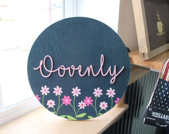 Custom Sign Round Nursery Little Girls Minimalist Made to Order Floral Circle Wooden Handmade Printed and Raised Name Pink Garden Spring