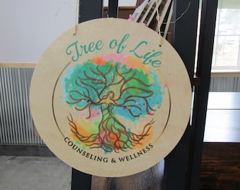 Your Actual Logo Round Small Business Office Sign Tree Of Life Water Color Printed Counseling Wellness Custom Circle Personalized Color Wood