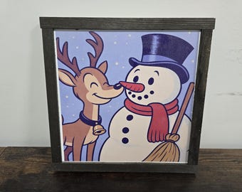 Framed Reindeer & Snowman Winter Print – Vintage Holiday Wall Art – Christmas Decor