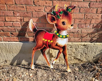Vintage Yard Art PVC Reindeer Baby Holly Bells Yard Decor Christmas Outdoor Weather Proof Printed image Yard Decor