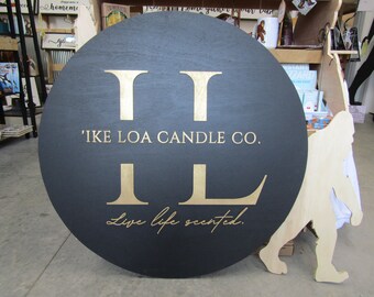 Custom Sign Round Candle Co Business Single Or Double Sided Made to Order Store Front Small Shop Logo Gold Circle Wooden Handmade