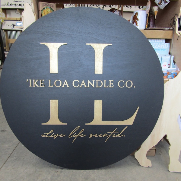 Custom Sign Round Candle Co Business Single Or Double Sided Made to Order Store Front Small Shop Logo Gold Circle Wooden Handmade