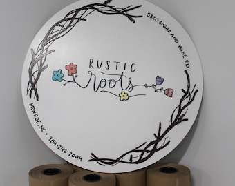 Custom Business Sign Round Rustic Roots Floral Hoop Branches Trees Made to Order Logo Circle Wooden Handmade Raised Text Home