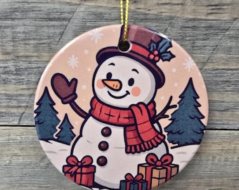 Snowman with Presents Printed Ceramic Ornament for Holiday Tree and Decoration