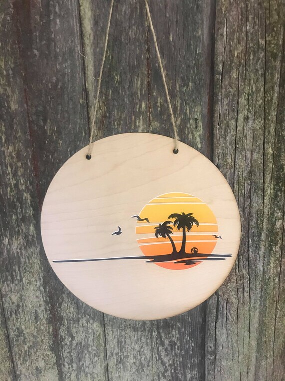 Island Sign Round Scenic Silhouette Beach Ocean Water Wood Sunshine Sky Wall Hanger Nursery Decor Plaque Wall Art Color Wood Print