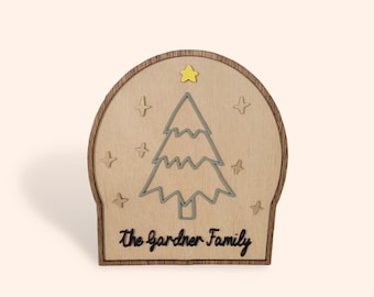 Minimalist 3D Wood Christmas Sign • Modern Raised Family Name Arch • Clean Holiday Tree Decor