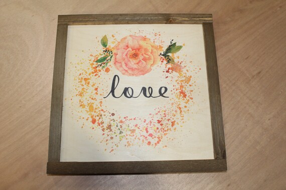 Love Wood Sign Watercolor Carnation Peony Wreath Flower Brown Framed Orange Pink Print Floral Text Gift Wall Art Farmhouse Primitive Rustic