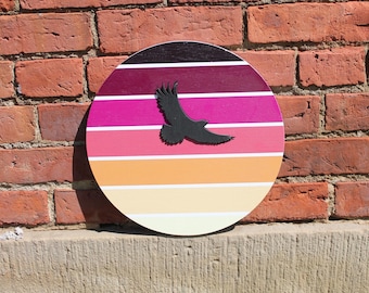 Laser Cut Bird Wall Art • Wood Printed Round Sign • Modern Nature Decor • Sunset Gradient Wall Hanging • Rustic Layered Bird Silhouette