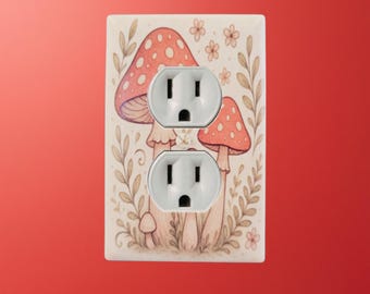 Red Mushroom Outlet Cover – Whimsical Toadstool and Floral Illustration in Retro Cottagecore Style for Cute Nature‑Inspired Home Decor