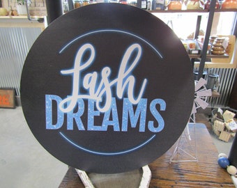 Small Business Custom Printed Wood Sign Eyelash Salon Eye Makeup Beautician Lashes Dreams Blue Neon Color Your Logo Personalized Door Hanger