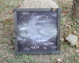 Moon Flower Laurel Cloud Night Cloudy Stormy Stars Printed Celestial Handmade Wall Art